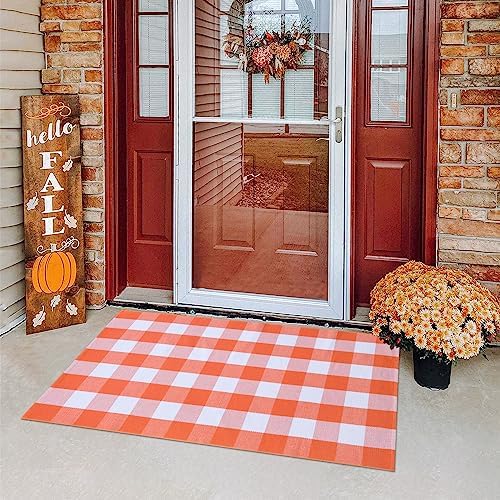 Fall Plaid Area Rug 3x5 Ft, Orange and White Buffalo Check Large Farmhouse Cotton Rug, Hand-Woven Washable Indoor Outdoor Carpet for Halloween Thanksgiving Autumn Porch Patio Decor - Image 3