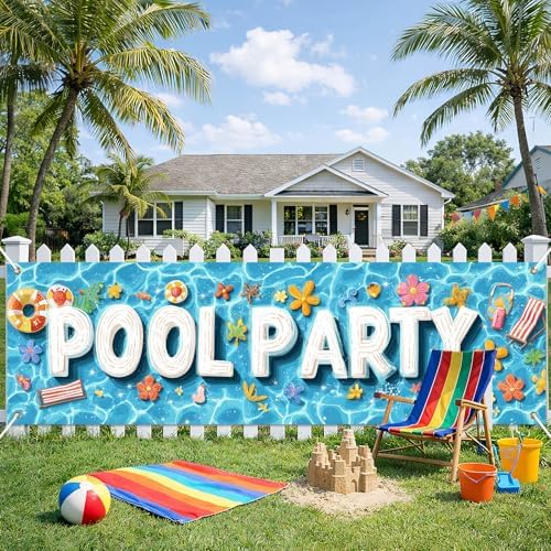 HOMETITUTE Pool Party Summer Outdoor Banner 10x3FT Large Blue Water Tropical Beach Theme Backyard Party Decoration Poolside Birthday Patio Garden Indoor Outdoor Celebration Display Decor by HOMETITUTE