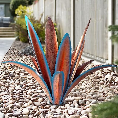 TOMBABY Enlarge Thickened Wind Resistant Metal Agave Garden Art Metal Plant Country Sculpture Statue Outdoor Decoration Agave Metal Plant Courtyard Garden Lawn Ornament Gift (1, 12 Leaves Blue) by TOMBABY