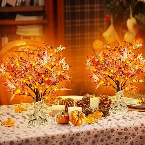 Remon 36 LED Lighted Fall Maple Tree - 1.5FT Thanksgiving Tabletop Lamp Decor with, 72 Maple Leaves, 6 Acorns, Timer Battery Operated 18 Inch Burlap Base Fall Artificial Tree for Autumn Decorations - Image 6