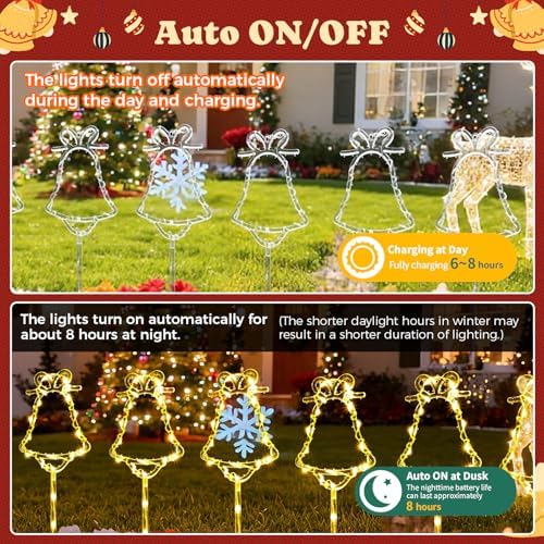 6 Packs Christmas Bell Solar Garden Lights with 8 Light Modes, 21.65 Inches Tall Christmas Outdoor Light with 20 LEDs Each, Solar Outdoor Xmas Decor for Garden, Path, Patio (Warm White) - Image 4