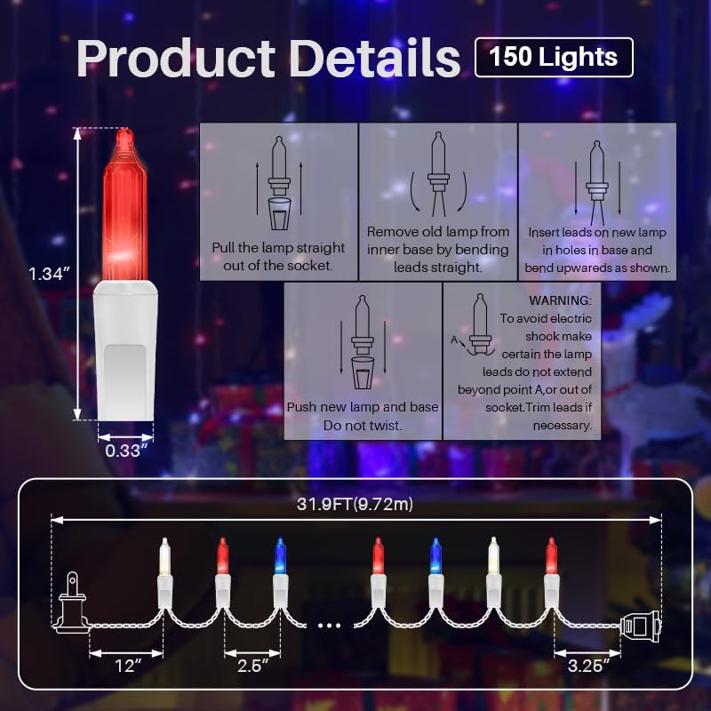 LAMPHOME Red White and Blue Mini String Lights, 31.9FT 150 Lights 4th of July Patriotic Lights White Wire, Red White Blue Fairy Lights for Indoor Outdoor Independence Day Memorial Day Tree Decoration - Image 4