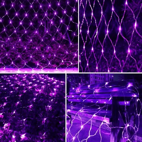 Net Light Outdoor Mesh Christmas Decorations, 100LED String Light Plug in Connectable Tree Warp Hanging 5ft x 5ft for Halloween, Shrubs, Lawn, Backyard, Walkway, Bushes, Garden Decor-Purple - Image 2