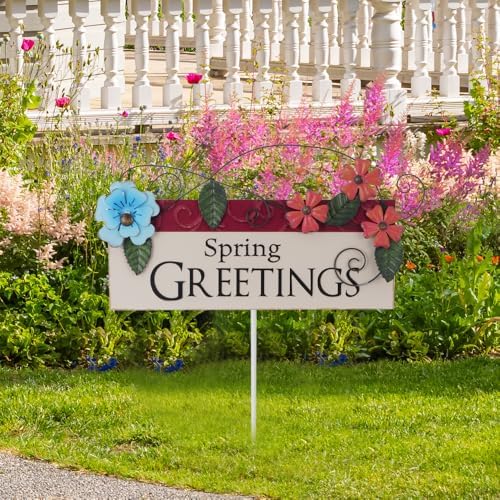 Spring Decor Outdoor Spring Greetings Flower Metal Garden Stakes Decorative Colorful Floral Welcome Sign Yard Art Garden Decorations for Home Outside Lawn Porch Backyard Walkwa by LatestLeaderinHomeDecor