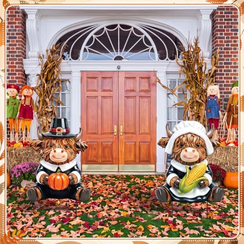 Amyhill 2 Pcs Thanksgiving Pilgrim Highland Cow Metal Garden Stakes Cow Figurines Outdoor Yard Decorations with Stakes Calf Statue Gifts Farmhouse Decor Sign for Home Lawn Porch Backyard Holiday Decor - Image 2