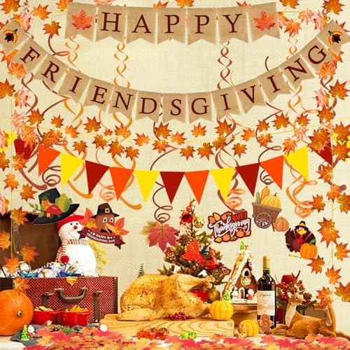 HAPPY FRIENDSGIVING Burlap Banner Paper Triangular Bunting Maple Leaf Pumpkin Turkey Garland for Thanksgiving Day Welcome Autumn harvest Party Decorations - Image 6