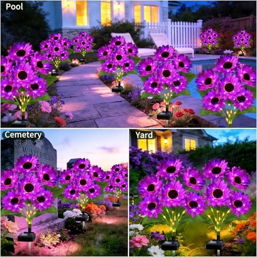 Solar Garden Lights Outdoor, 4 Pack Solar Purple Sunflower Lights with 18 Head 3.5 Inch Flowers, Waterproof Flowers Light Fall Decor Auto ON/Off for Garden Yard Patio Backyard, Gifts for Mom Women - Image 6