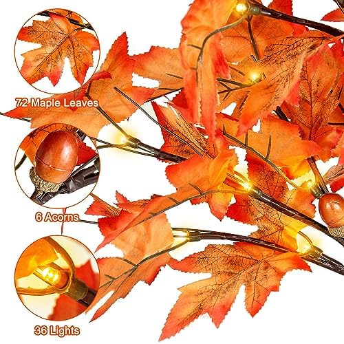 Remon 36 LED Lighted Fall Maple Tree - 2FT Thanksgiving Tabletop Lamp Decor with 72 Maple Leaves, 6 Acorns, Timer, Burlap Base, Battery Operated 24 Inch Fall Artificial Tree for Autumn Decorations - Image 3
