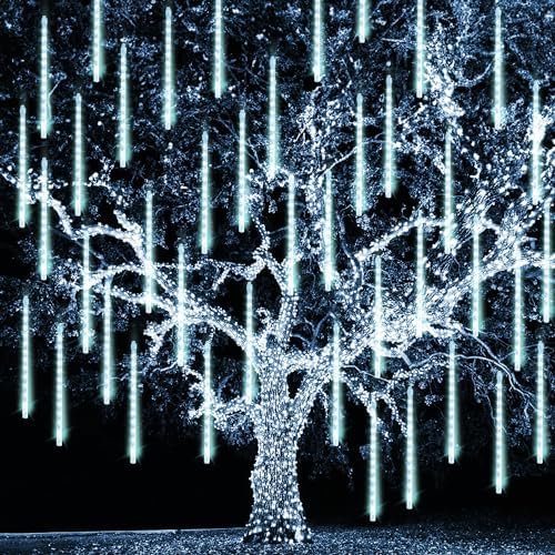 TW SHINE White Christmas Meteor Shower Lights Outdoor, 288LED 12" 8 Tubes Waterproof Christmas Lights Outdoor Plug in, Snow Falling Rain Icicle Xmas Light Decorations, White by TWSHINE