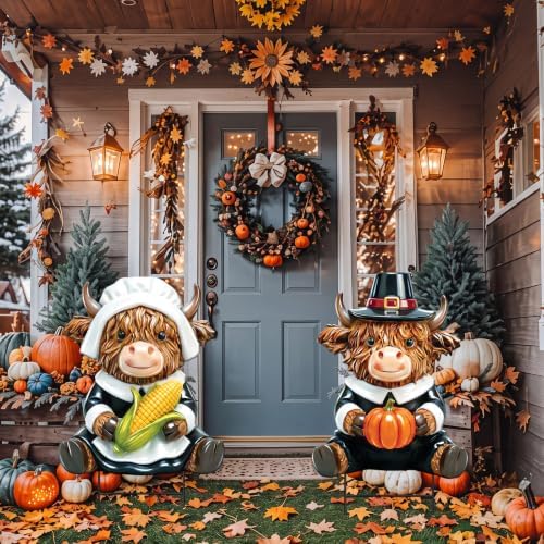 Amyhill 2 Pcs Thanksgiving Pilgrim Highland Cow Metal Garden Stakes Cow Figurines Outdoor Yard Decorations with Stakes Calf Statue Gifts Farmhouse Decor Sign for Home Lawn Porch Backyard Holiday Decor - Image 6