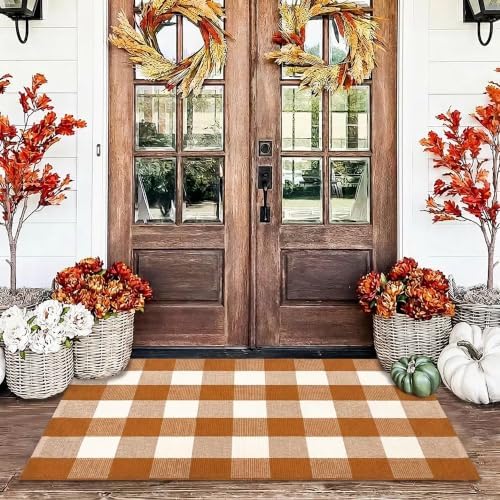 Caramel Buffalo Plaid Rug 28 x 43 for Front Porch Entryway by Homydecor