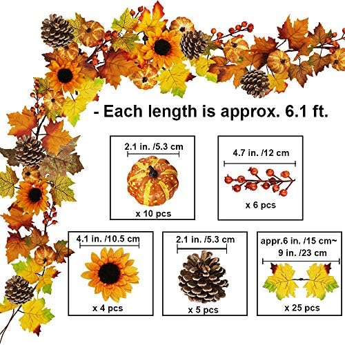 Winlyn 2 Pack Fall Maple Leaf Garland - 6ft/Piece Artificial Berries Sunflower Pumpkin Autumn Garland Decoration for Wedding Party Thanksgiving Dinner Fireplace Door Frame Doorway Backdrop Decor - Image 2