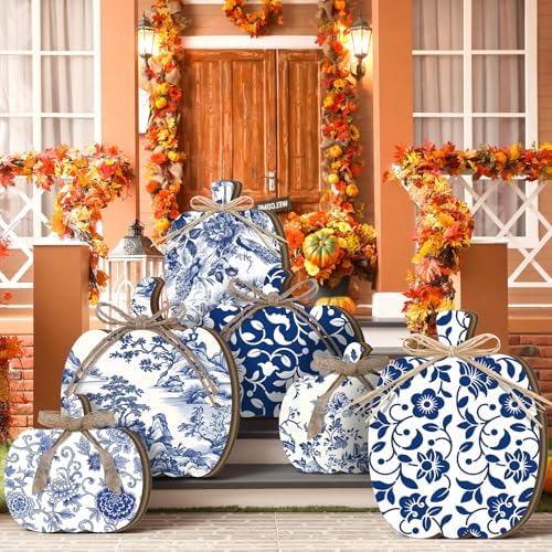 Moucuny Set of 6 Outdoor Fall Decoration for Porch Home, Porcelain Pumpkin by Moucuny