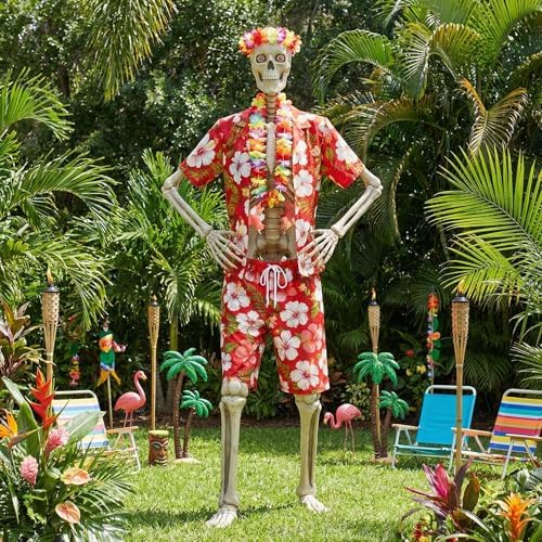 4 Pcs 12 Ft Skeleton Hawaiian Outfit Set Tropical Shirt Shorts Lei Headband - Image 6