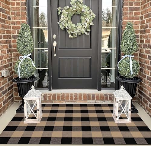 Washable Outdoor Rug 3'x5',Black and Tan Buffalo Plaid Farmhouse Door Mat - Image 4