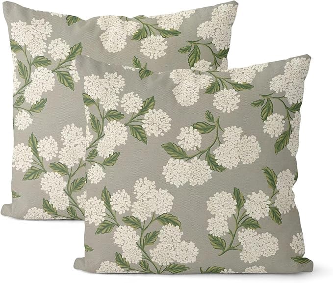 Grey Spring Pillow Covers 16x16 Inch 2 Pcs Gray Green Hydrangea Flower Decor Throw Pillows Vintage Floral Seasonal Summer Outdoor Decoration Pillowcase Linen Cushion Cover for Couch Sofa by DAFENA