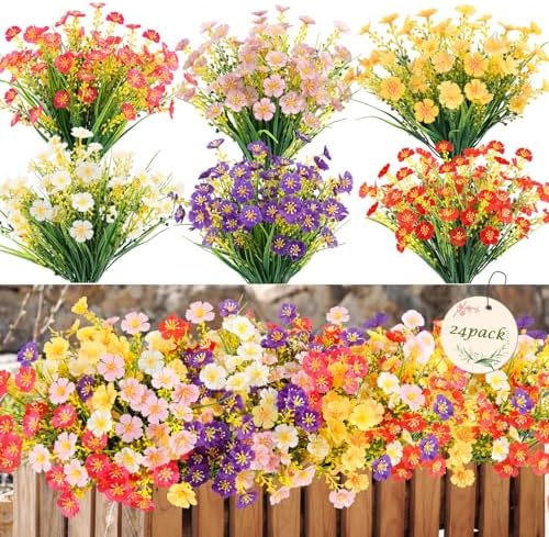 24 Bundles Artificial Flowers Outdoor UV Resistant Faux Plants (Mix Color) by MACTING
