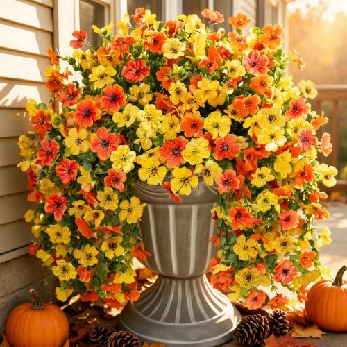 INSPRING Artificial Flowers for Outdoors Fake Mums Hanging Plants Decor, 2Pcs Silk Daisy with Eucalyptus UV Resistant Look Real Trailing Vines for Planter Front Door Patio Yard, OrangeYellow by INSPRING
