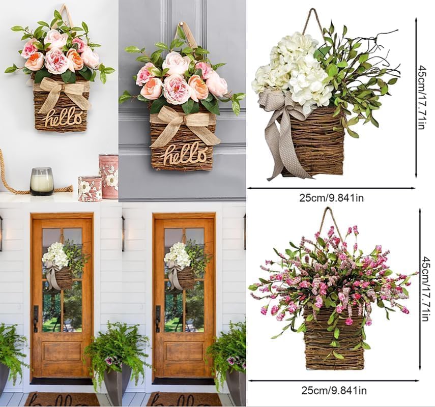 Cream Hydrangea Door Hanger Basket Wreath - Farmhouse Spring Wreath with Wildflowers, Mother's Day Decor, Artificial Rattan Hanging Basket for Porch, Wall, Home Decor - Image 7