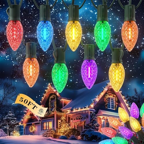 Kawaya Christmas Pathway Lights, Jumbo C9 Faceted Tree Lights 50FT 50 Bulbs by KAWAYA