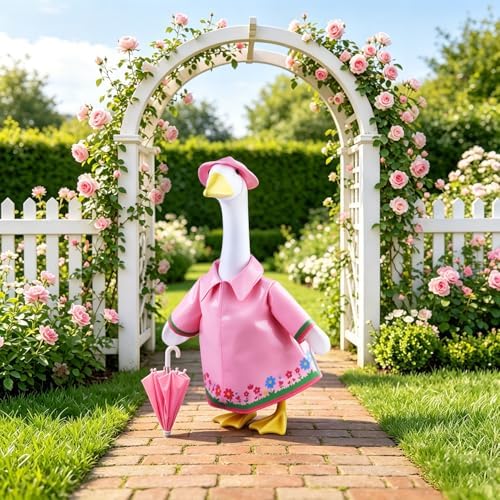 Raincoat Porch Goose Outfits, Summer Lawn Goose Raincoat Costume, Spring Outfit Yard Goose Rain Coat Clothes with Umbrella Hat Fits 23” Geese Statue for Patio Garden Outdoor Decorations (Pink) - Image 6