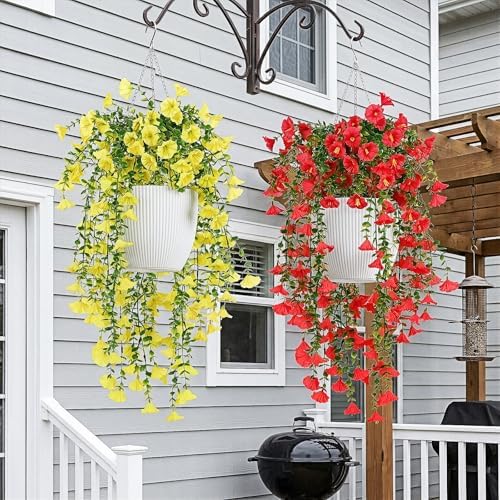 6 Pcs Artificial Hanging Flowers 30 Inch Bright Yellow Morning Glory Vines UV Resistant Fake Hanging Plants Silk Hanging Flowers for Outdoor Spring Summer Garden Porch Window Box Decor - Image 4