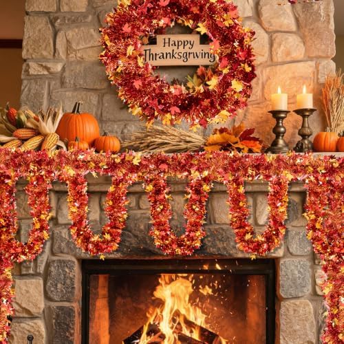 50FT Fall Tinsel Garland with Maple Leaf - Shiny Metallic Thanksgiving Garland for Mantle, Tree, Doorway, Thanksgiving Decor Autumn Fall Decorations for Home - Image 4
