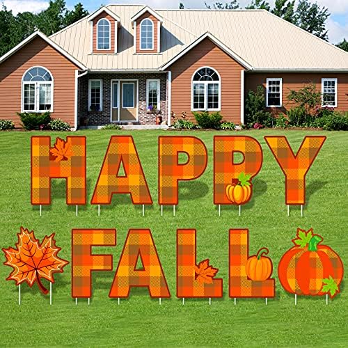 Elcoho 11 Pieces Thanksgiving Yard Signs with Stakes Happy Fall Pumpkin Maple Leaf Lawn Sign Autumn Harvest Lawn Decor for Fall Thanksgiving Home Patio Outdoor Walkway Party Supplies by Elcoho