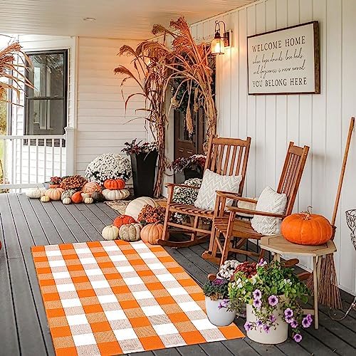 Fall Outdoor Rug Orange Buffalo Plaid Outdoor Rug Cotton Hand-Woven Buffalo Check Rug Layered Doormats for Front Door/Front Porch/Farmhouse/Entryway/Patio(Orange and White Plaid, 3' x 5') - Image 2