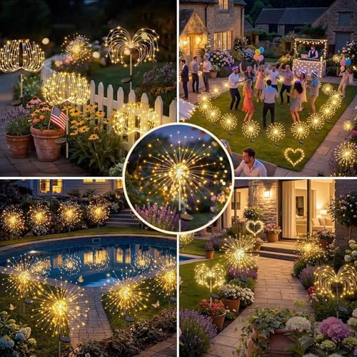 Solar Firework Lights, 10 Pack 120 LEDs 8 Lighting Modes Solar Fairy Garden Lights Outdoor Waterproof for Yard Patio Walkway Pathway Party Wedding Balcony Decorative- Warm White - Image 2