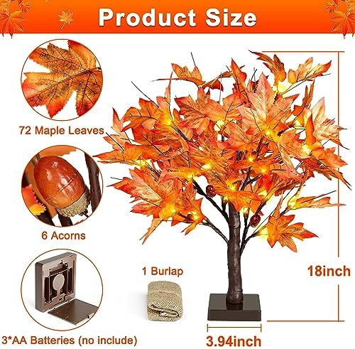 18 Inch Lighted Maple Tree with 36 Lights, 72 Leaves, 6 Acorn, Timer Battery Operated Tabletop Artificial Fall Tree for Thanksgiving Harvest Home Decor, Fall Table Decorations - Image 3