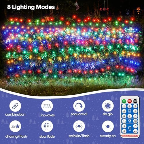 WBao Solar Christmas Lights Outdoor 200LED F8 Big Bulbs, 8.4ft x 5.2ft Christmas Net Lights with Remote Control, 8 Modes, Timer, Waterproof for Lawn, Bushes, Trees Outdoor Xmas Decorations, Multicolor - Image 5