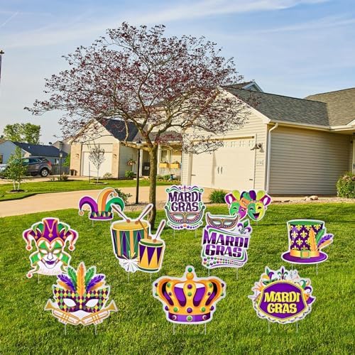 10 Pieces Mardi Gras Decorations Outdoor Yard Garden Porch Sign - Large Festive Mask, Jester, Crown, Drum, and Hat Masquerade Design Signs with Stakes for Outside Carnival Patio Pathway Lawn Decor - Image 6
