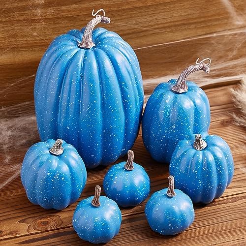 Lizxun 7Pcs Artificial Pumpkins Halloween Decoration, Lifelike Simulation Mixed Harvest Fall Foam Pumpkins for Halloween Thanksgiving Home Party Supplies (Sky Blue 01-7pcs) - Image 2
