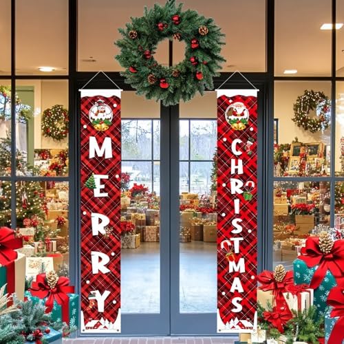 Christmas Porch Decorations Christmas Banner Red Buffalo Check Plaid Xmas Hanging Front Door Signs Outdoor Indoor Snowman Santa Wall Decor Xmas Party Decoration 12" x 72" - Image 4