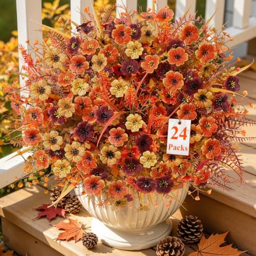 24Pcs Artificial Fall Flowers for Outdoors Decor, Fake UV Resistant Plants by Alupssuc