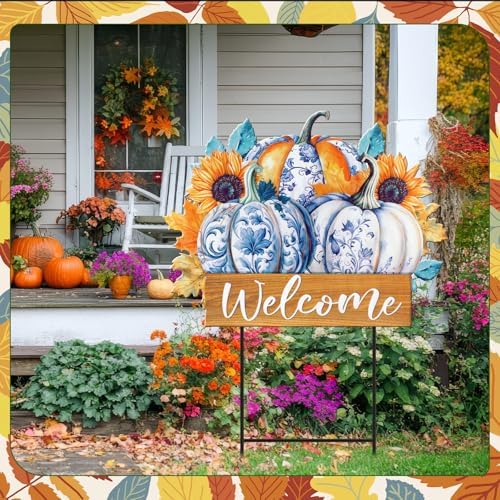 Yuntau Blue White Pumpkin Yard Stake 24 Inch Metal Fall Welcome Sign - Image 5