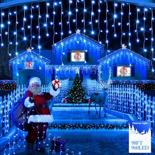 FLVOECN 98FT 960 LED Christmas Lights, Waterproof 8 Modes Ice Lights for Outside with Memory and Timer Hanging Fairy Lights Plug-in Curtain String Lights for Holiday Party Wedding Home (Blue) by FLVOECN