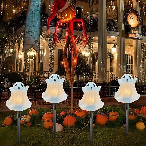 Oviejo Halloween Decorations - Set of 4 Ghost Pathway Stake Lights with C7 Clear Bulbs, 7Ft Waterproof Yard Stakes for Lawn Walkway Driveway Markers - Image 6