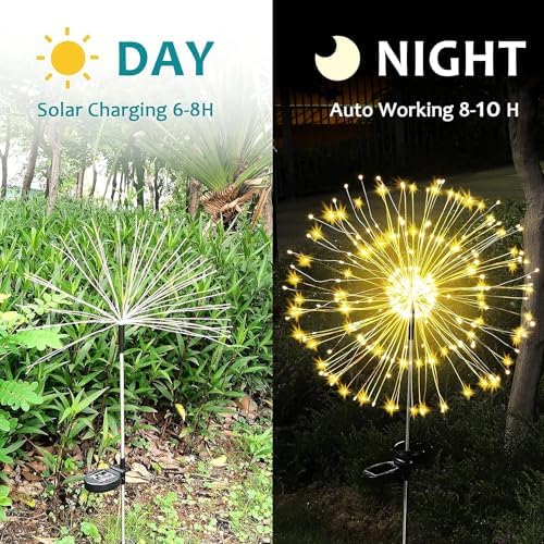 JJGoo Solar Firework Lights, 2 Pack 150 LEDs 2 Lighting Modes Solar Lights Outdoor Waterproof for Garden Patio Walkway Pathway Party Wedding Christmas Decorative - Warm White - Image 6