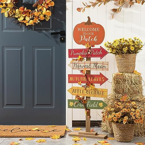 Glitzhome 42.5”H Fall Wooden Pumpkin Patch Porch Decor, Rustic Fall Harvest Welcome to Our Patch Yard Sign, Farmhouse Directional Porch Sign Standing Decor for Fall Harvest Autumn Thanksgiving by Glitzhome