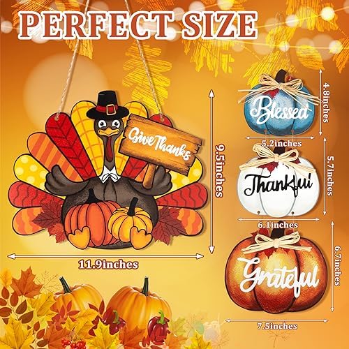 Thanksgiving Decoration Wood Pumpkin Turkey Door Wall Wreath for Front Door Sign Thankful Blessed Grateful, Pumpkin Sign for Fall Autumn Harvest Home Thanksgiving Party Outdoor Halloween Decoration - Image 7