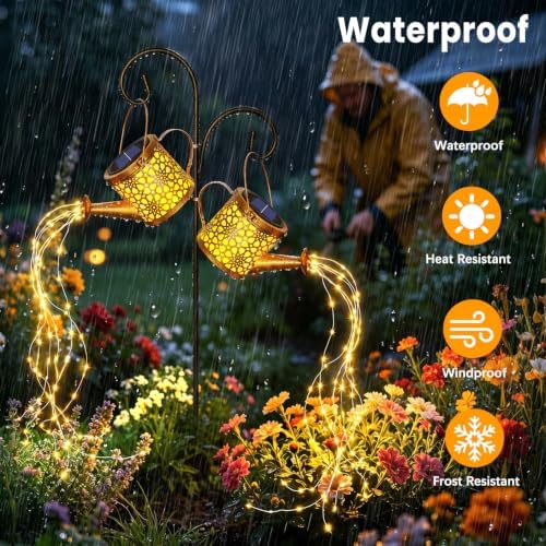 2 Pack Solar Watering Can Lights Garden Decor, LED Metal Waterproof Hanging Lantern with Cascading Lights for Patio Yard Lawn Outdoor Pathway Decoration, Gardening Gifts for Women Mom Grandma Birthday - Image 5