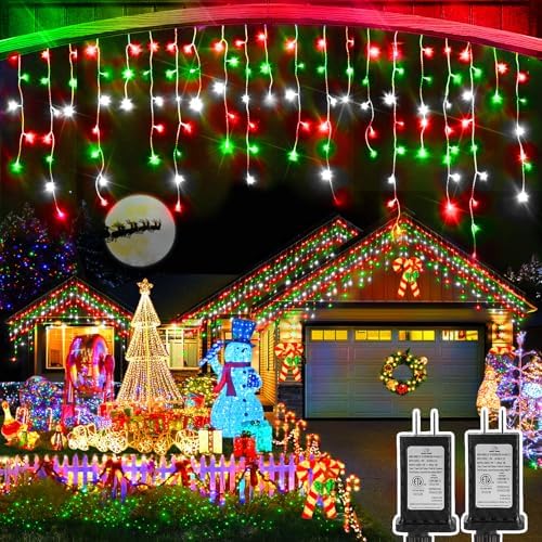 Christmas Lights Outdoor, 2 Pack Total 98FT 960 LED Ice Lights for Outside with 180 Drops 8 Modes Timer Memory, Plug in Waterproof for Holiday Eaves Yard Roof Party Decor (Red Green and Cool White) by Heceltt