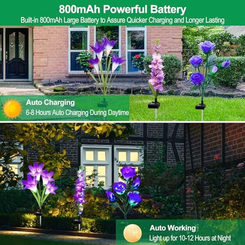 Solar Garden Lights Waterproof, 3 Pack Solar Flowers Lights Includes Lily Rose Delphinium, Gardening Gifts for Mom Grandma Women, 7-Color Changing Outdoor Decor for Garden Yard Patio Lawn - Image 3