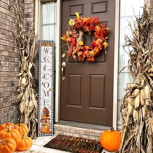 Fall Welcome Porch Sign Thanksgiving Day Wooden Door Sign 47" Large Buffalo Plaid Porch Sign for Pumpkin Sign Home Front Door Yard Party Decor - Image 5