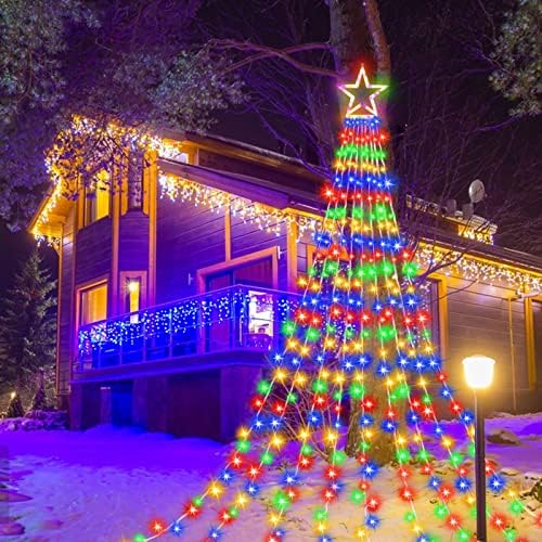 Christmas Decorations Star String Lights, 320 LEDs Outdoor Waterfall Tree Lights with 13" Topper Star, Plug in Waterproof Hanging Fairy Lights for Xmas New Year Holiday Party Yard Patio Decor - Image 4