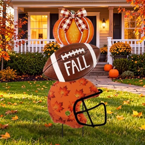3 Pcs Fall Football Pumpkin Metal Yard Stake Pumpkin Decoration by Otoolling