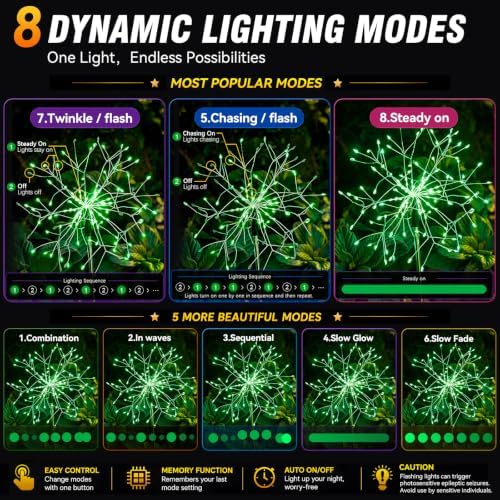suddus Solar Garden Lights Outdoor - 150 LED Green Firework Lights Waterproof with 8 Modes, Solar Stake Lights Decorations for Outside Yard Pathway Flower Bed Halloween Decor (2 Pack) - Image 6