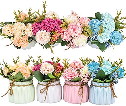 Artificial Flower Plants – Mini Fake Hydrangea Flowers in Pot for Home Decor Party Wedding Office Patio Table Desk Decoration, Set of 4, Size: 3.3''(Diameter) x 5.5''(Tall) by XONOR